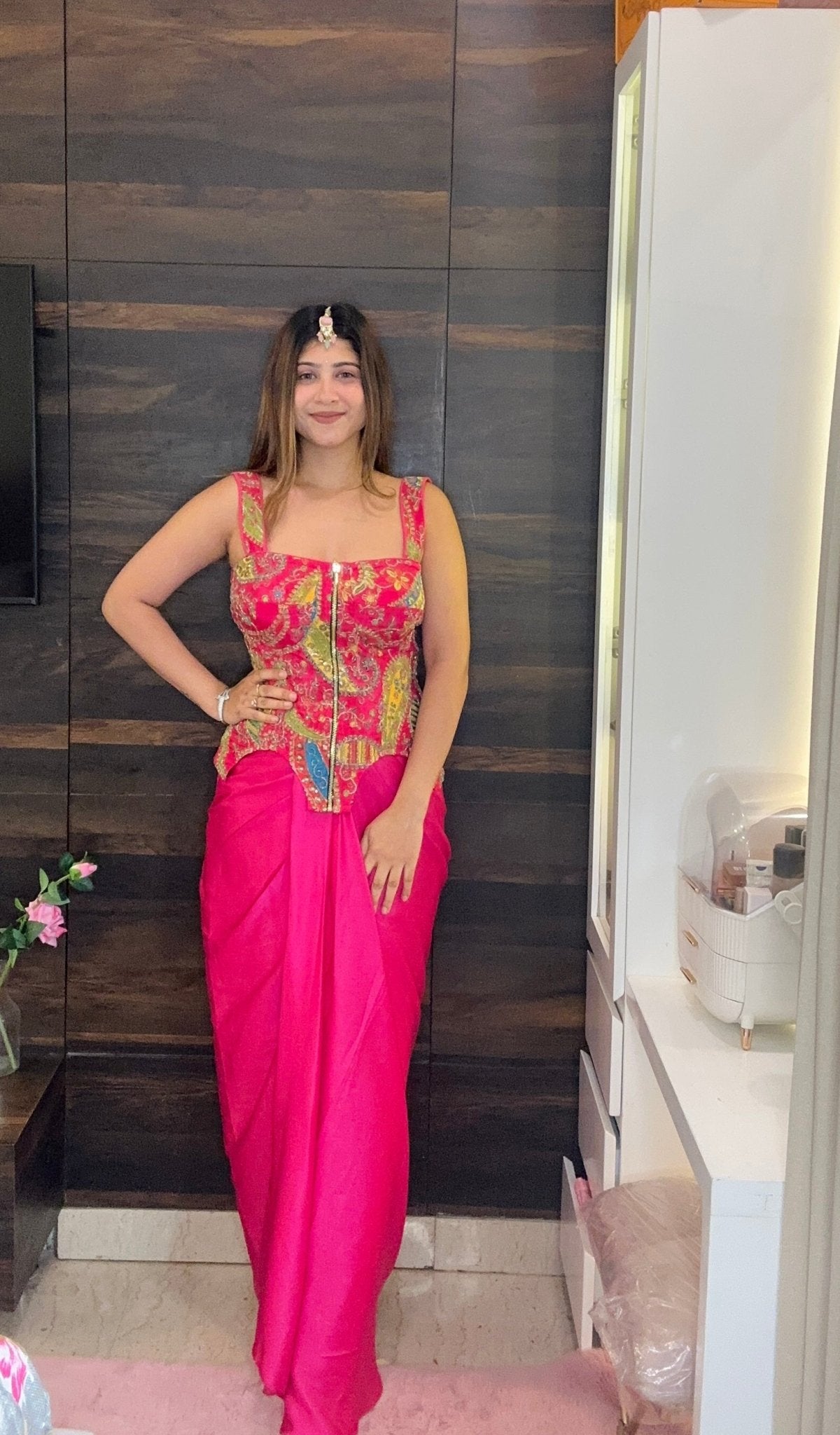 Pink Embroidered Corset Top with Draped Skirt | Contemporary Indian Fusion Wear - Vibes and Petals