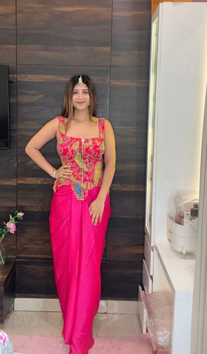 Pink Embroidered Corset Top with Draped Skirt | Contemporary Indian Fusion Wear - Vibes and Petals