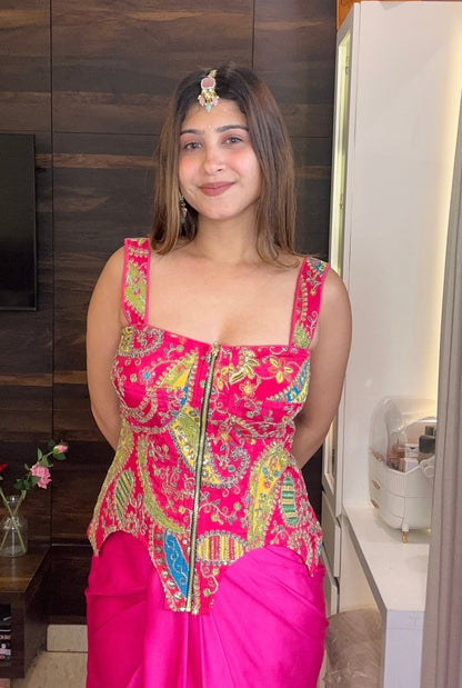 Pink Embroidered Corset Top with Draped Skirt | Contemporary Indian Fusion Wear - Vibes and Petals