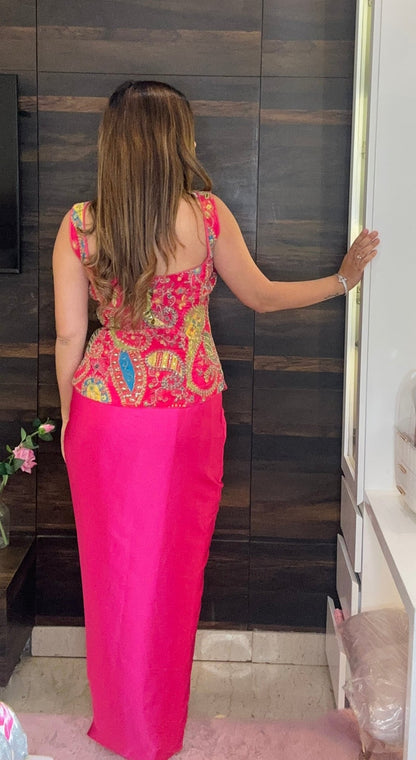 Pink Embroidered Corset Top with Draped Skirt | Contemporary Indian Fusion Wear - Vibes and Petals