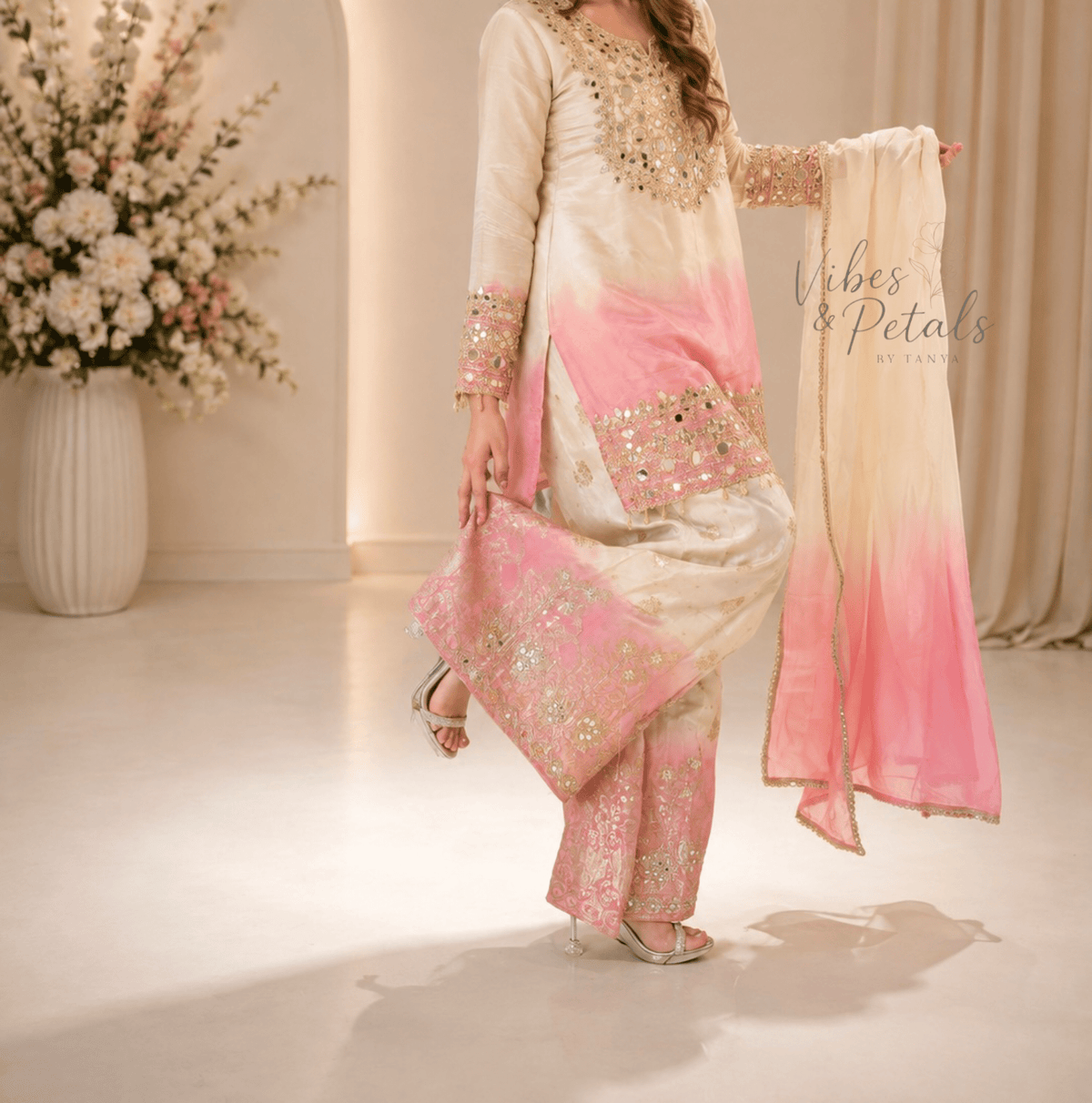 Pink & Ivory Ombré Mirror Work 3-Piece Suit Set - Vibes and Petals