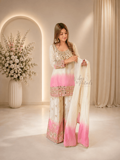 Pink & Ivory Ombré Mirror Work 3-Piece Suit Set - Vibes and Petals
