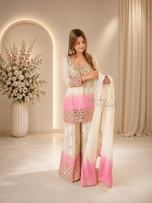 Pink & Ivory Ombré Mirror Work 3-Piece Suit Set - Vibes and Petals