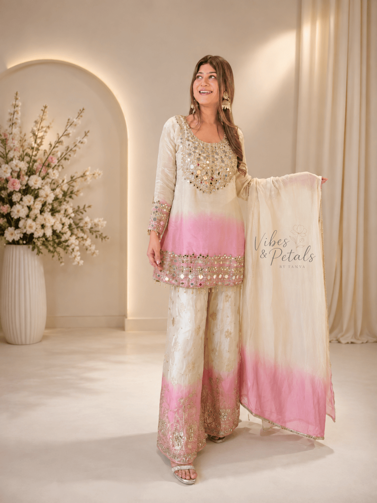 Pink & Ivory Ombré Mirror Work 3-Piece Suit Set - Vibes and Petals