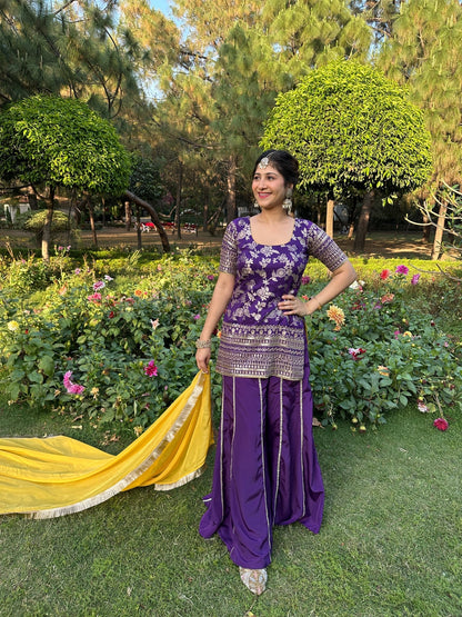 Purple Embroidered Sharara Set with Yellow Dupatta | Designer Punjabi Suit for Weddings - Vibes and Petals