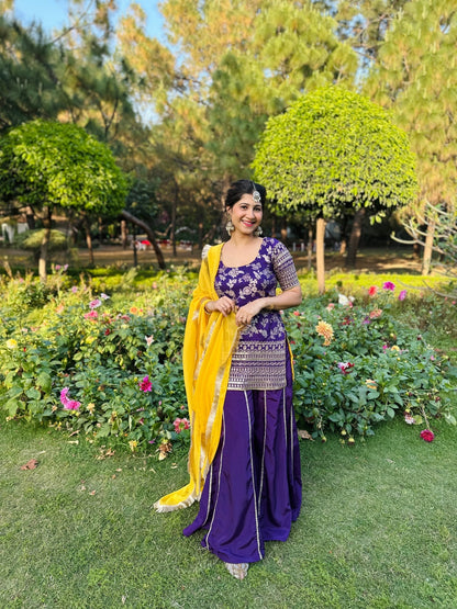 Purple Embroidered Sharara Set with Yellow Dupatta | Designer Punjabi Suit for Weddings - Vibes and Petals