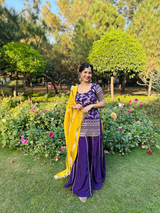 Purple Embroidered Sharara Set with Yellow Dupatta | Designer Punjabi Suit for Weddings - Vibes and Petals