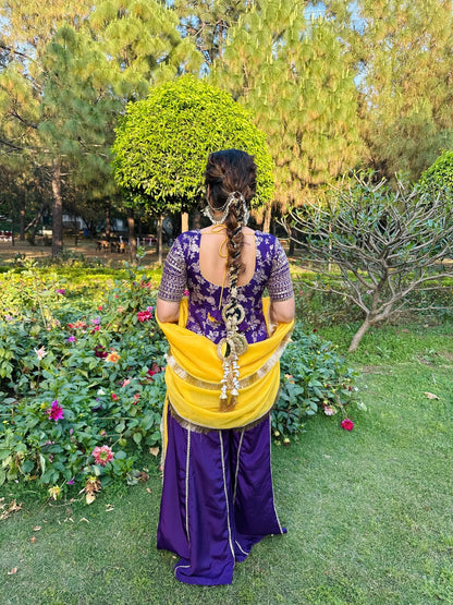 Purple Embroidered Sharara Set with Yellow Dupatta | Designer Punjabi Suit for Weddings - Vibes and Petals