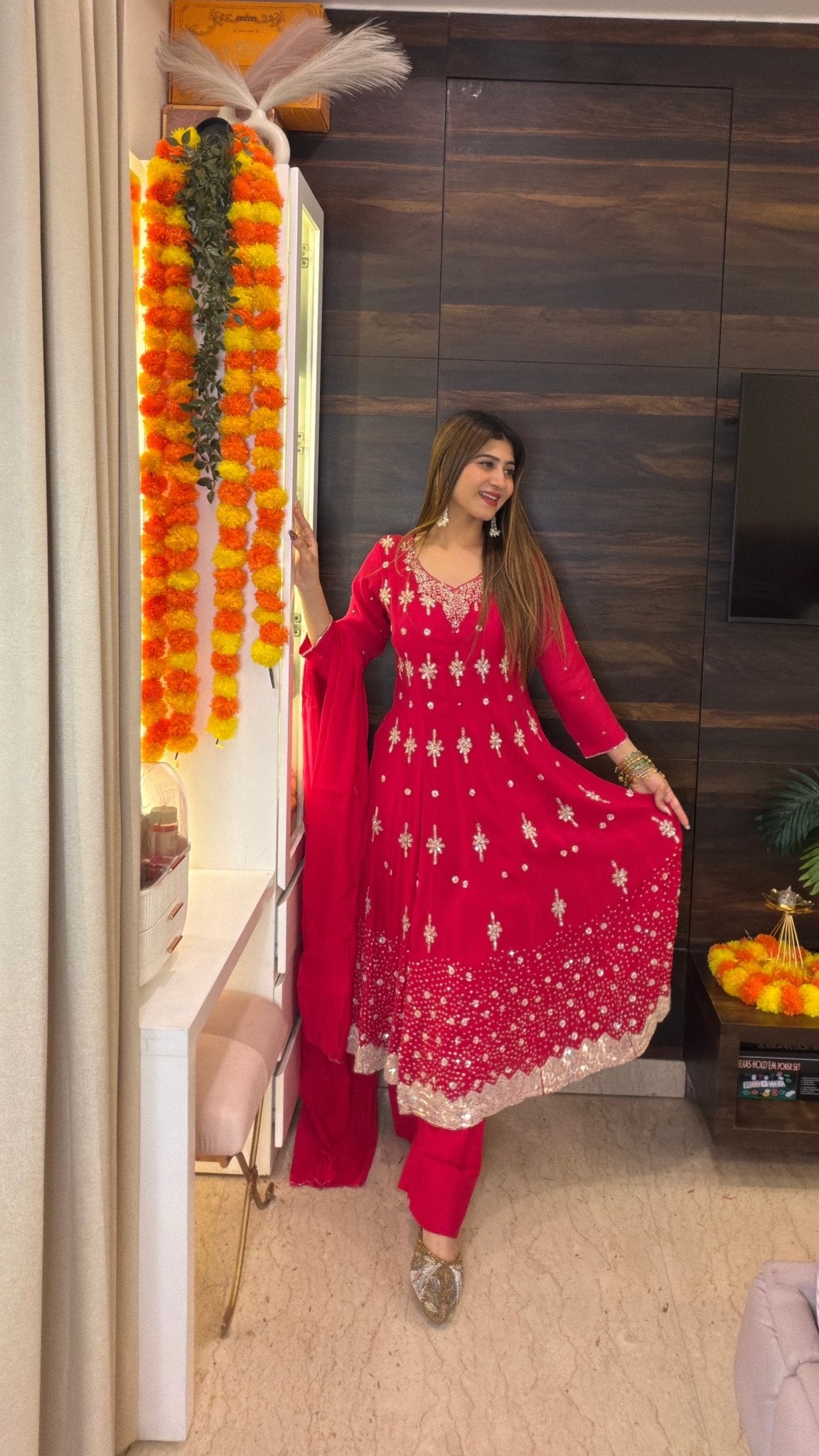 Rani Pink Embroidered Anarkali Suit Set - Vibes and Petals