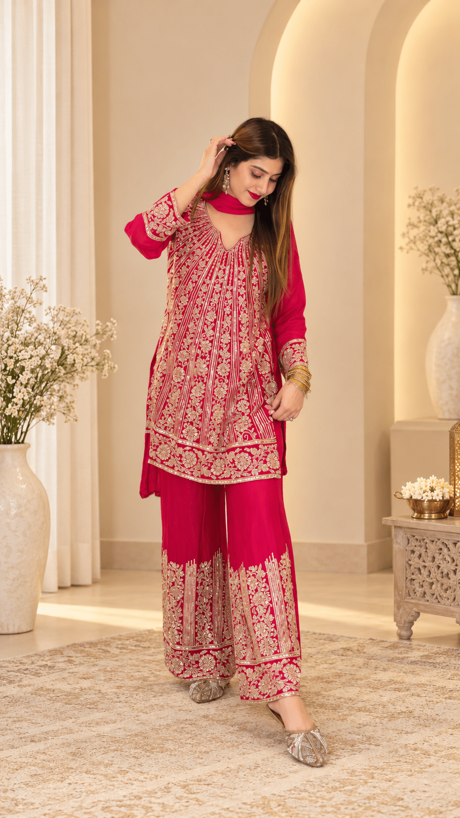 Rani Pink Gold Heavy Embroidered Kurta Palazzo Set - Vibes and Petals