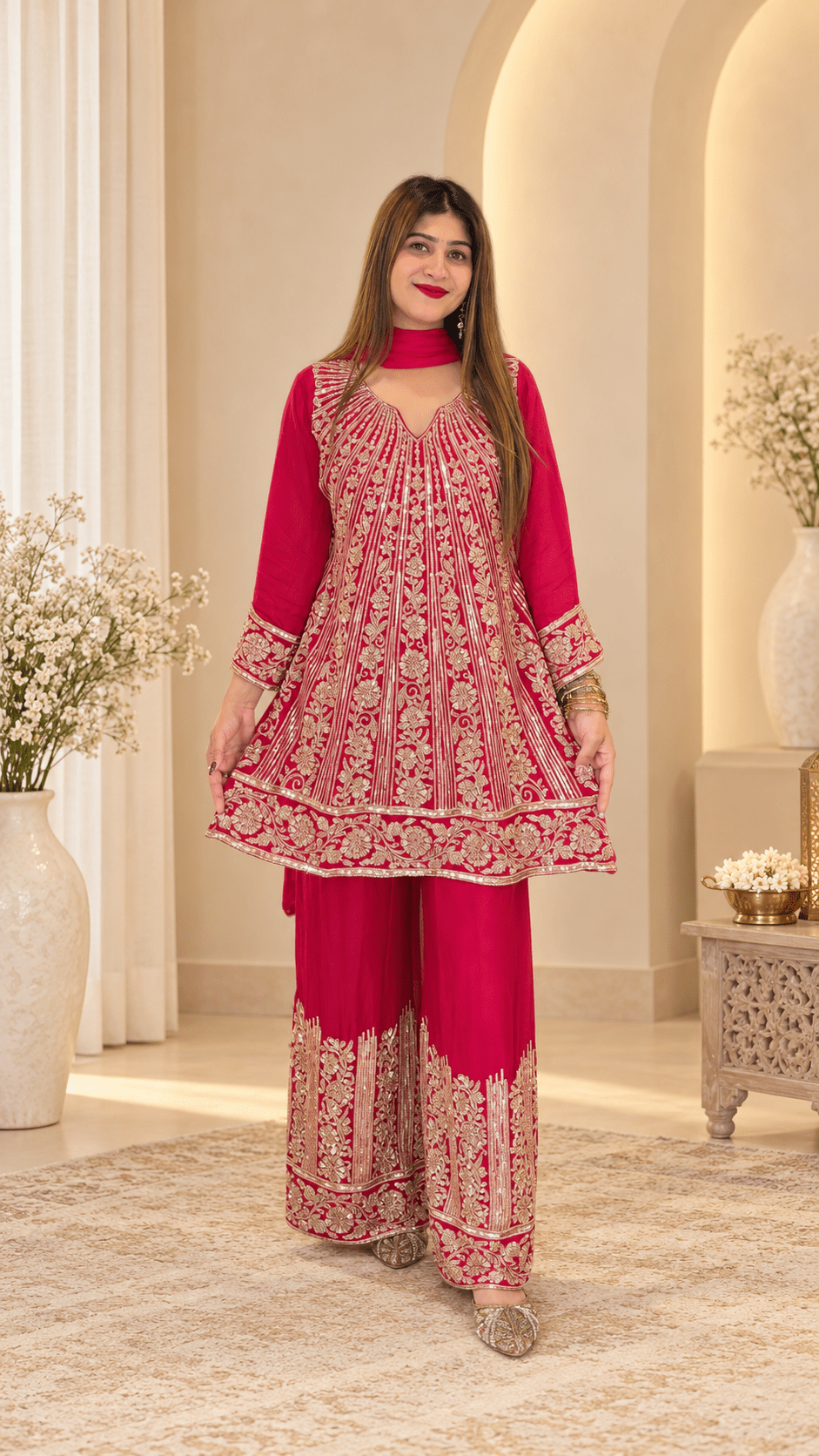 Rani Pink Gold Heavy Embroidered Kurta Palazzo Set - Vibes and Petals