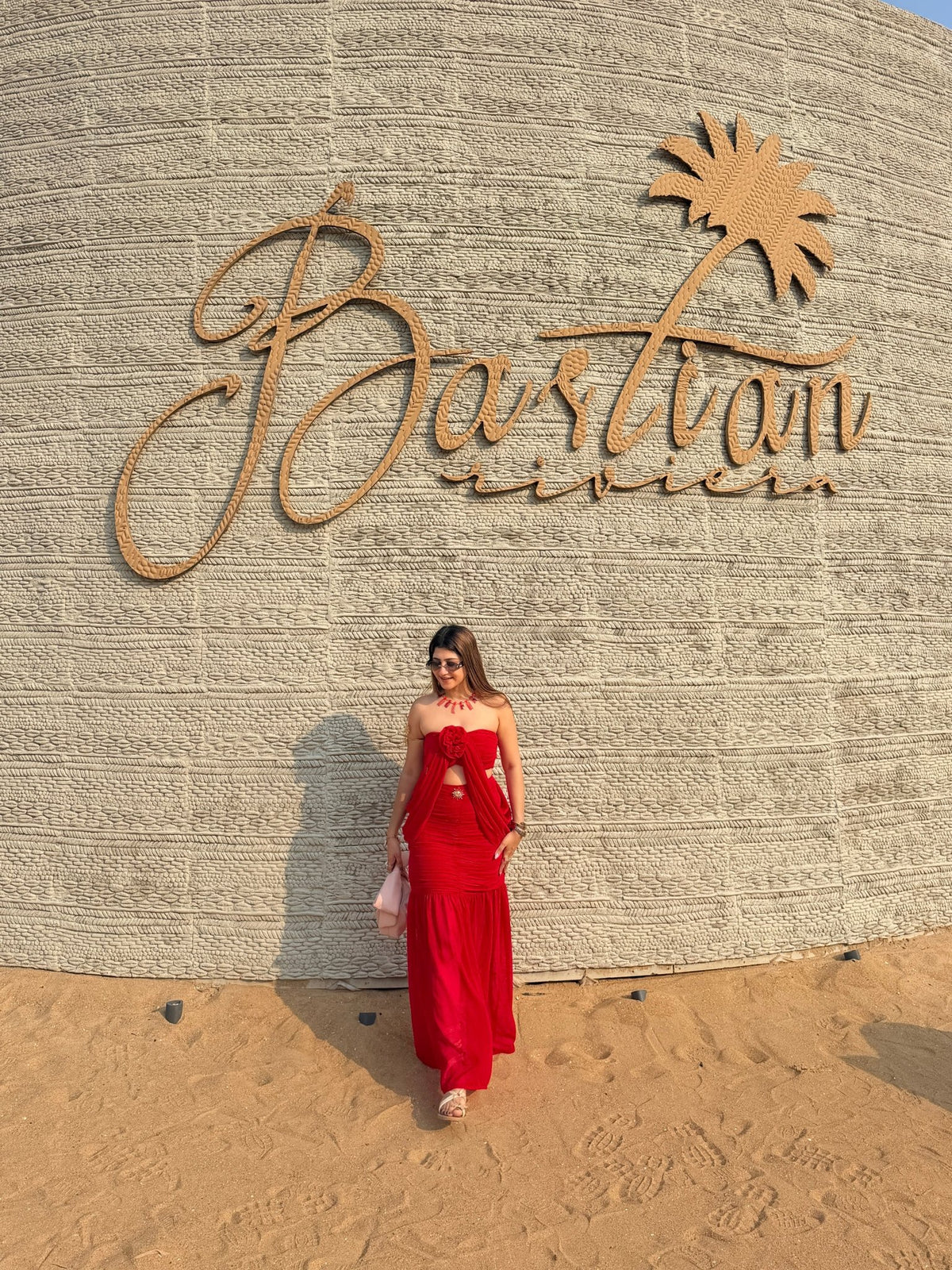 Red Rose Draped Skirt Co-ord Set - Vibes and Petals