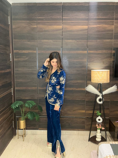 Royal Blue Floral Velvet Co - ord Set with Side Cut - Outs and Embroidery (Sizes XS - 3XL) - Vibes and Petals