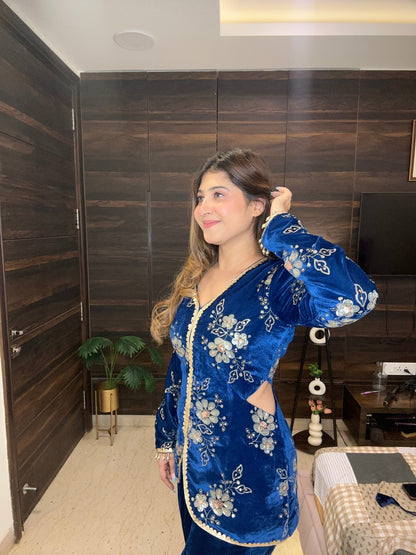 Royal Blue Floral Velvet Co - ord Set with Side Cut - Outs and Embroidery (Sizes XS - 3XL) - Vibes and Petals