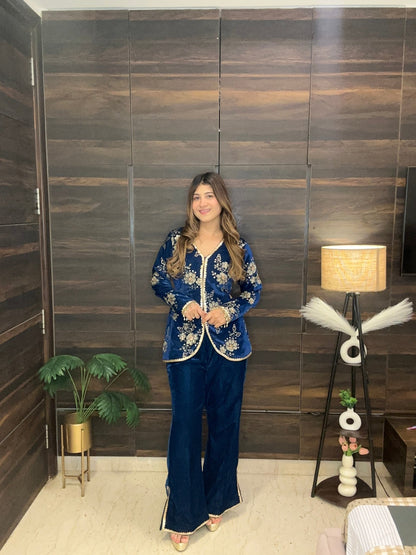 Royal Blue Floral Velvet Co - ord Set with Side Cut - Outs and Embroidery (Sizes XS - 3XL) - Vibes and Petals