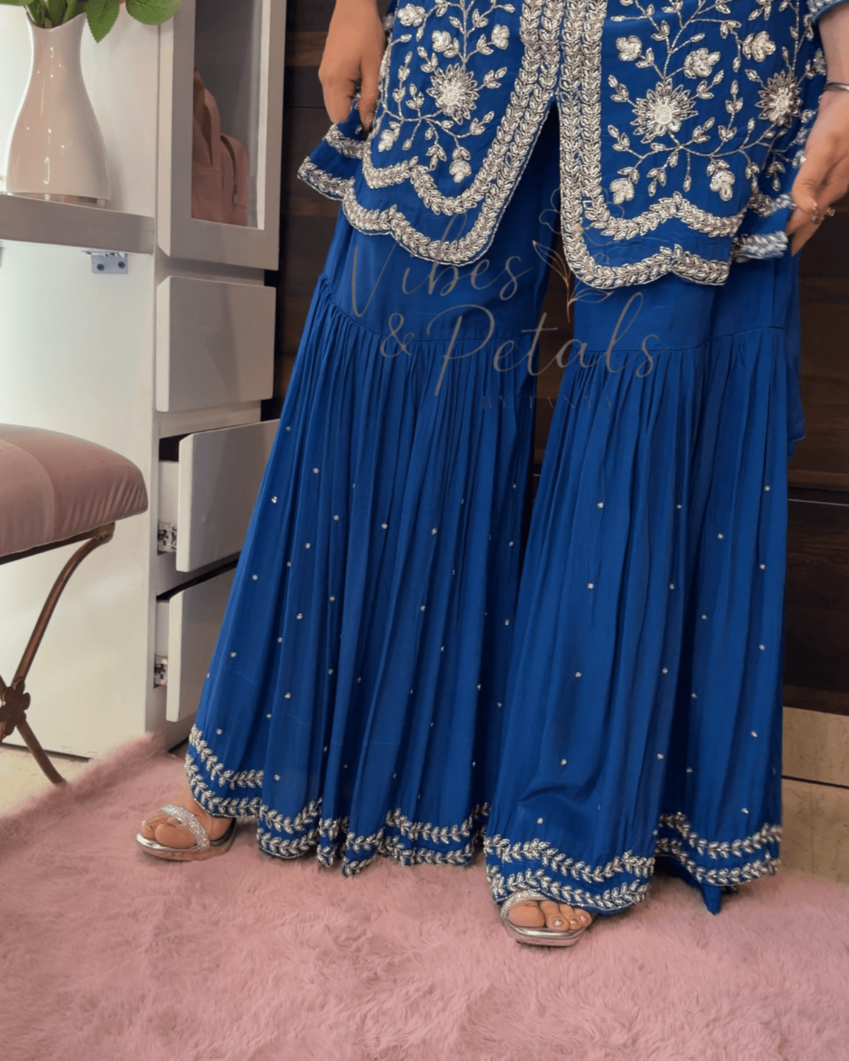 Royal Blue Hand Embroidered Sharara Set with Embellished Bottom & Dupatta – 3 Piece Set - Vibes and Petals