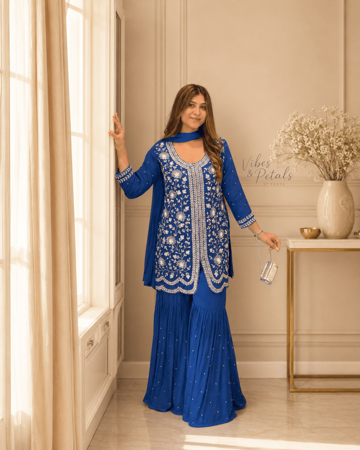 Royal Blue Hand Embroidered Sharara Set with Embellished Bottom & Dupatta – 3 Piece Set - Vibes and Petals
