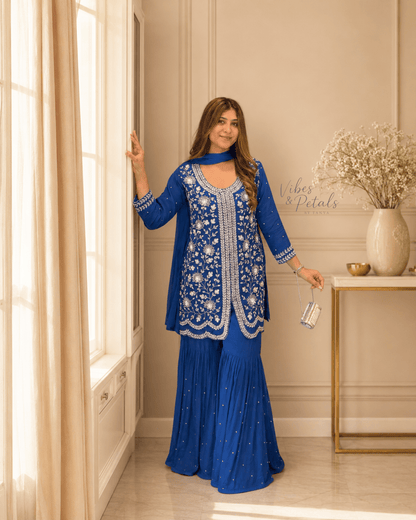 Royal Blue Hand Embroidered Sharara Set with Embellished Bottom & Dupatta – 3 Piece Set - Vibes and Petals