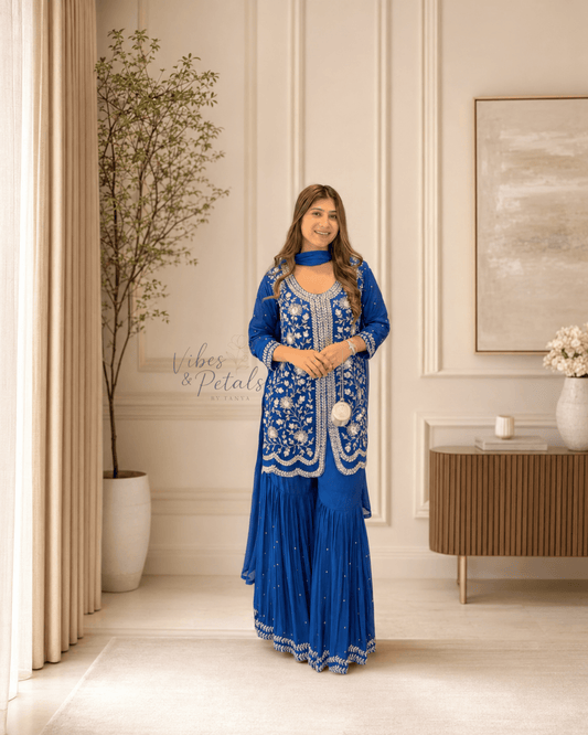Royal Blue Hand Embroidered Sharara Set with Embellished Bottom & Dupatta – 3 Piece Set - Vibes and Petals
