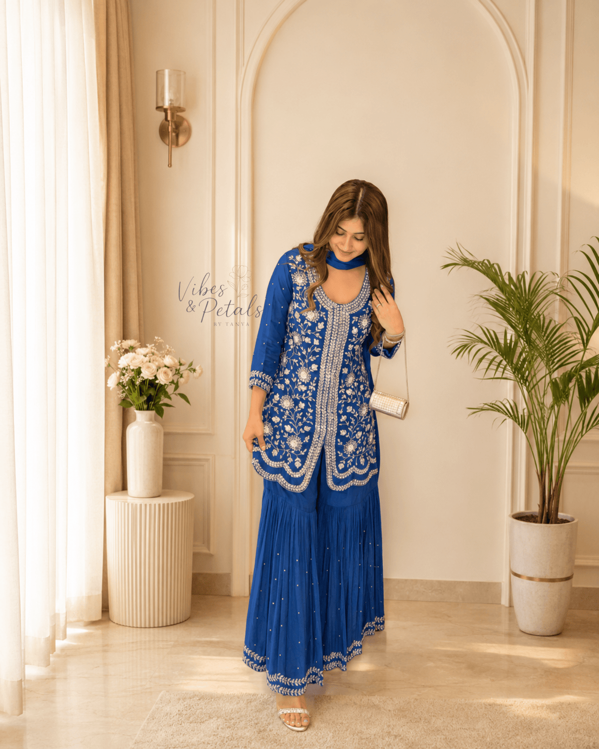 Royal Blue Hand Embroidered Sharara Set with Embellished Bottom & Dupatta – 3 Piece Set - Vibes and Petals