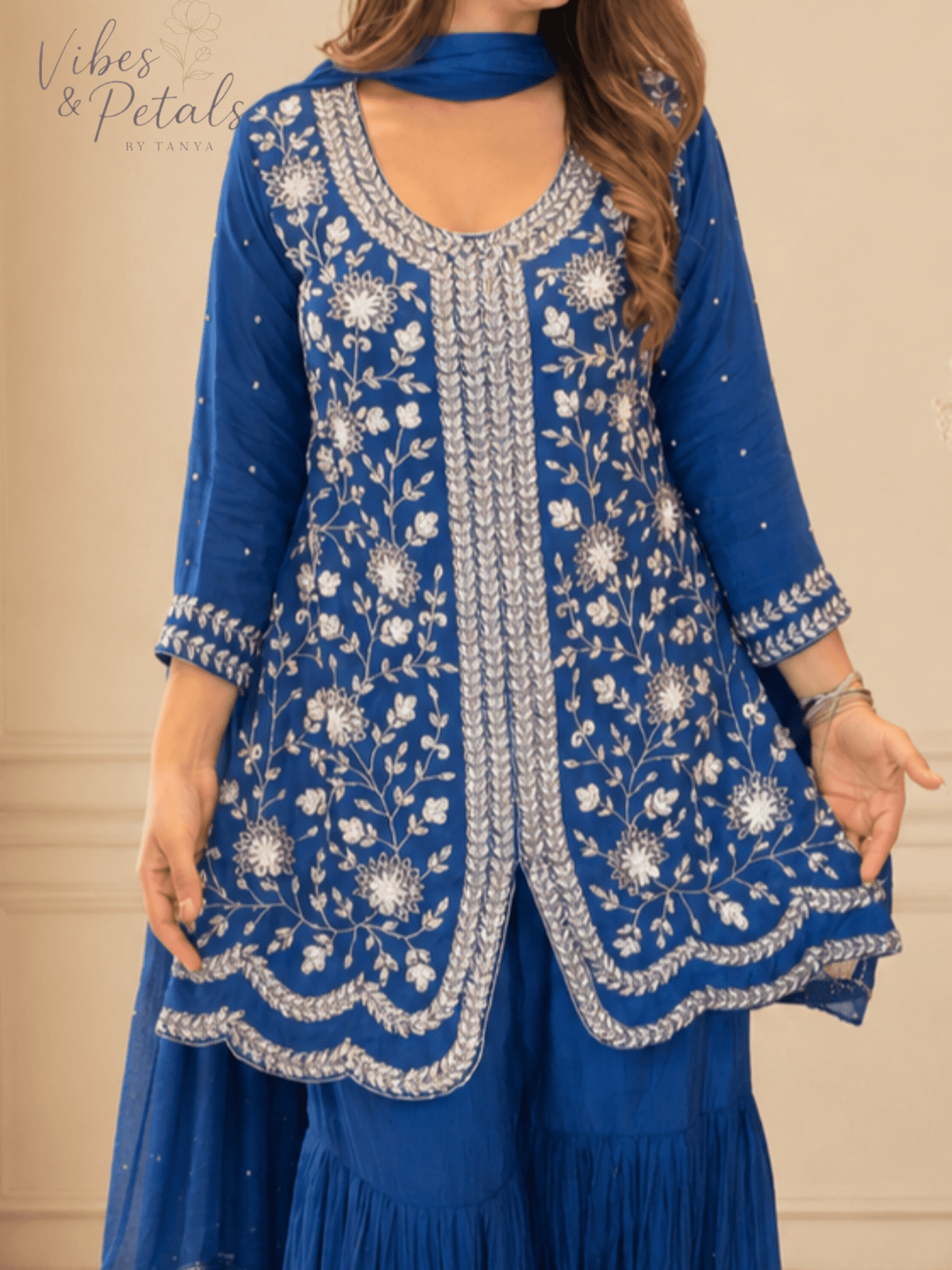 Royal Blue Hand Embroidered Sharara Set with Embellished Bottom & Dupatta – 3 Piece Set - Vibes and Petals
