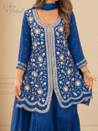 Royal Blue Hand Embroidered Sharara Set with Embellished Bottom & Dupatta – 3 Piece Set - Vibes and Petals