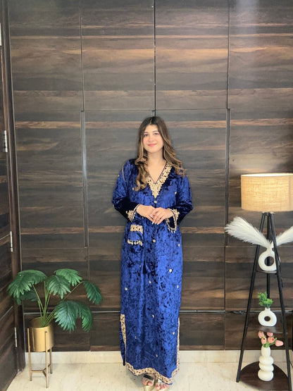 Royal Blue Velvet Dress - Heavy Zari Embroidery Long Gown with Potli Bag - Vibes and Petals