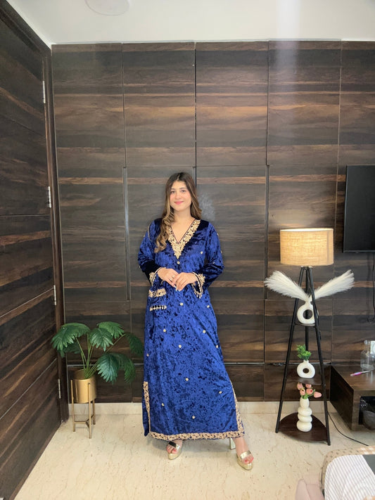 Royal Blue Velvet Dress - Heavy Zari Embroidery Long Gown with Potli Bag - Vibes and Petals