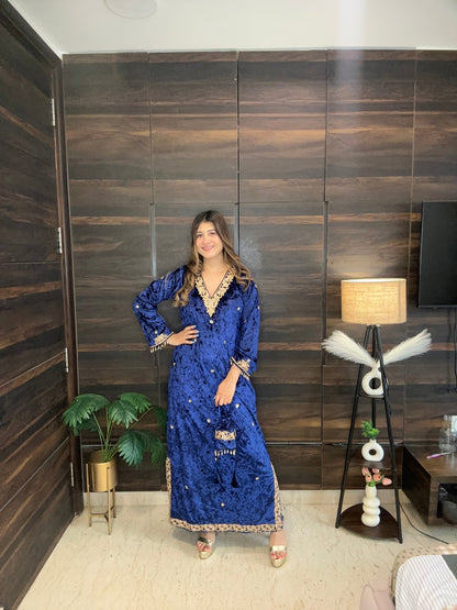 Royal Blue Velvet Dress - Heavy Zari Embroidery Long Gown with Potli Bag - Vibes and Petals