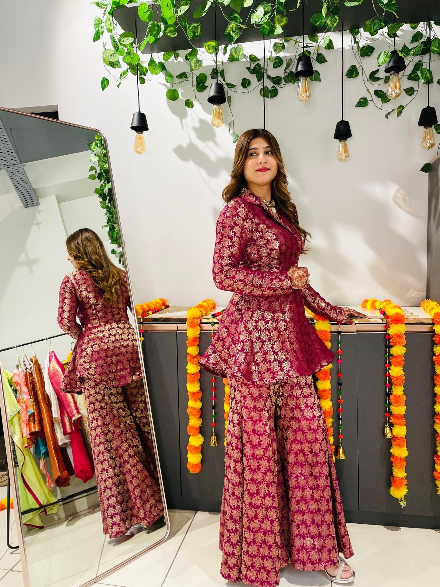 Royal Maroon Brocade Peplum Sharara Set – Festive & Wedding Wear for Women - Vibes and Petals