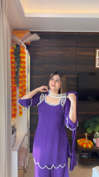 Royal Purple Pearl Choker Dupatta Kurta Palazzo Set - Vibes and Petals