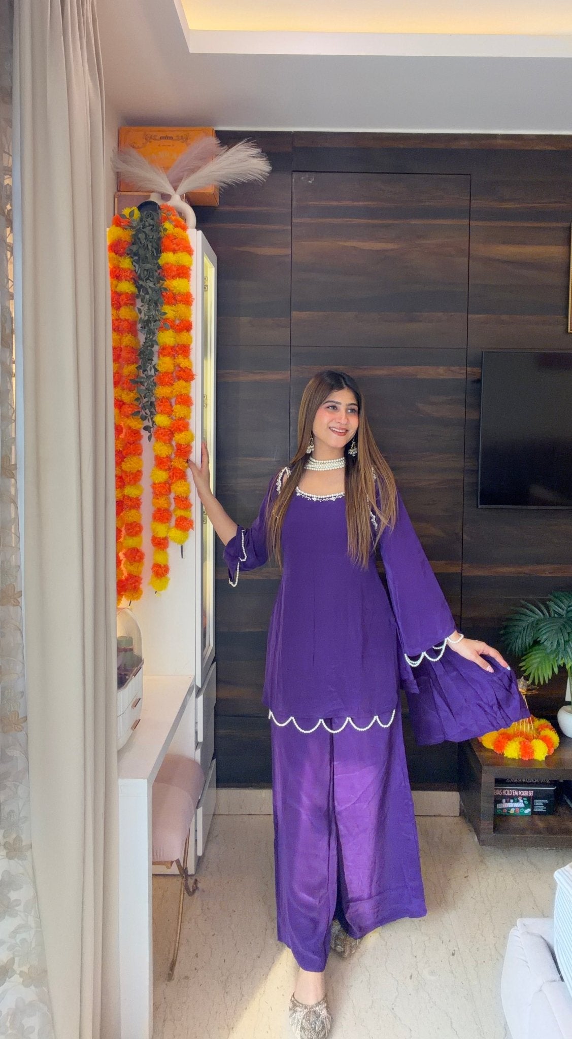Royal Purple Pearl Choker Dupatta Kurta Palazzo Set - Vibes and Petals