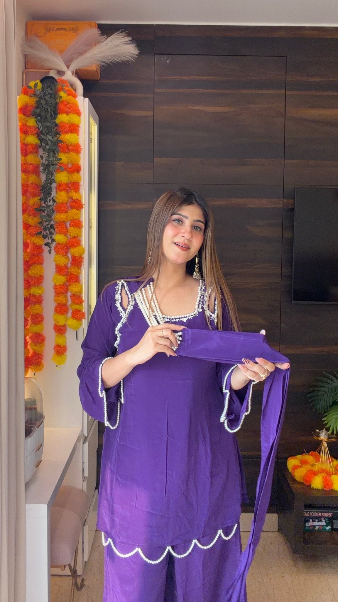 Royal Purple Pearl Choker Dupatta Kurta Palazzo Set - Vibes and Petals