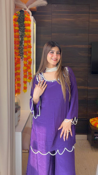 Royal Purple Pearl Choker Dupatta Kurta Palazzo Set - Vibes and Petals