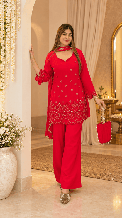 Ruby Red Embroidered Kurta Palazzo Set with Dupatta - Vibes and Petals