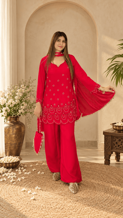 Ruby Red Embroidered Kurta Palazzo Set with Dupatta - Vibes and Petals