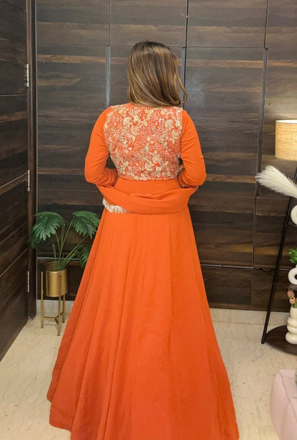 Rust Flared Anarkali with Embroidered Yoke - Vibes and Petals