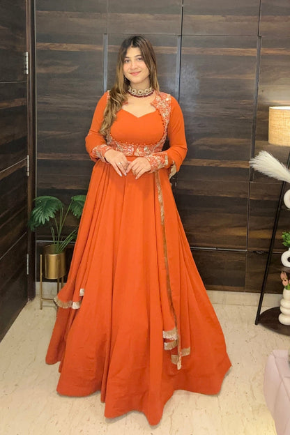 Rust Flared Anarkali with Embroidered Yoke - Vibes and Petals