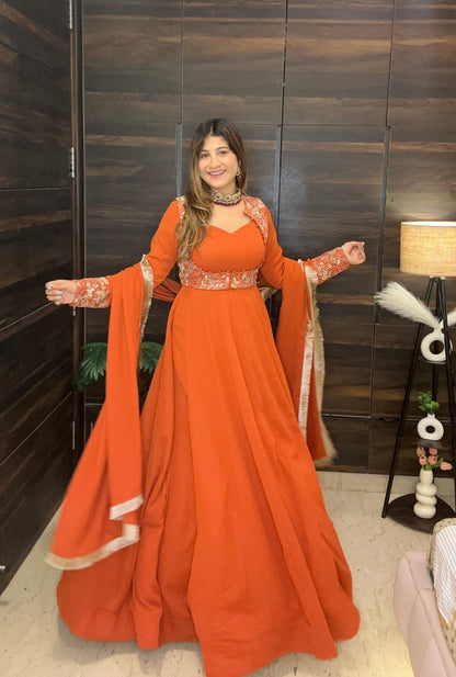 Rust Flared Anarkali with Embroidered Yoke - Vibes and Petals