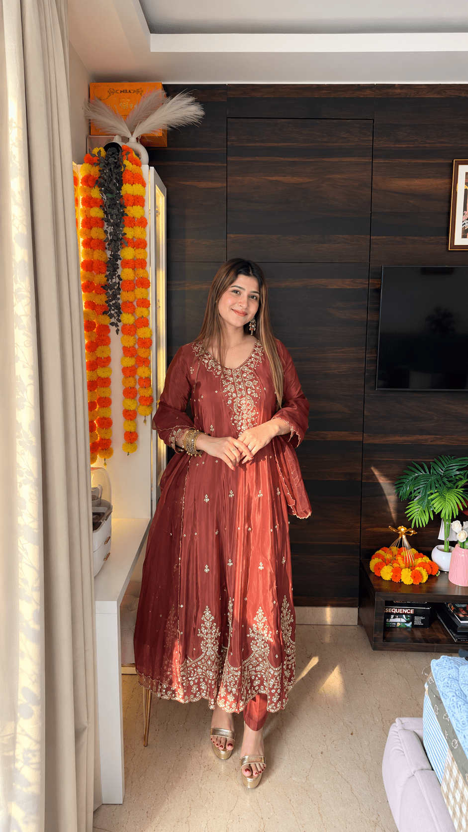 Rust Gold Embroidered Crepe Anarkali Suit Set with Organza Dupatta - Vibes and Petals