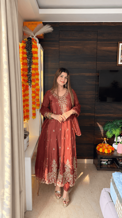 Rust Gold Embroidered Crepe Anarkali Suit Set with Organza Dupatta - Vibes and Petals