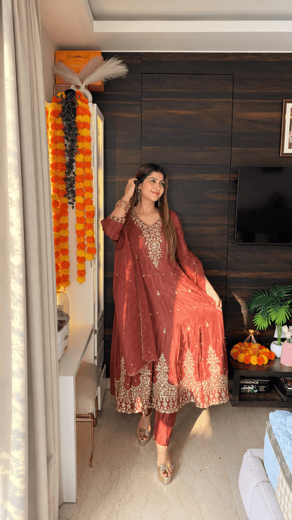 Rust Gold Embroidered Crepe Anarkali Suit Set with Organza Dupatta - Vibes and Petals