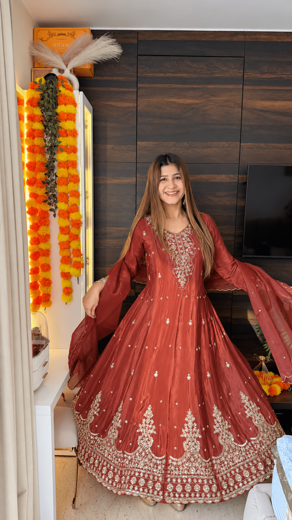 Rust Gold Embroidered Crepe Anarkali Suit Set with Organza Dupatta - Vibes and Petals