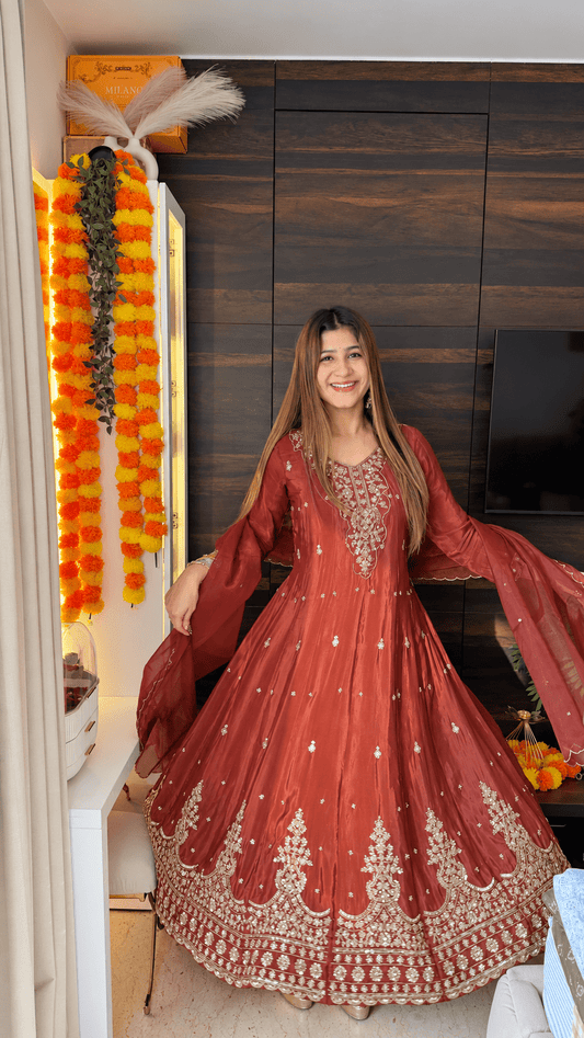 Rust Gold Embroidered Crepe Anarkali Suit Set with Organza Dupatta - Vibes and Petals