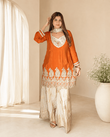 Rust Orange Embroidered Kurta Sharara Set - Vibes and Petals