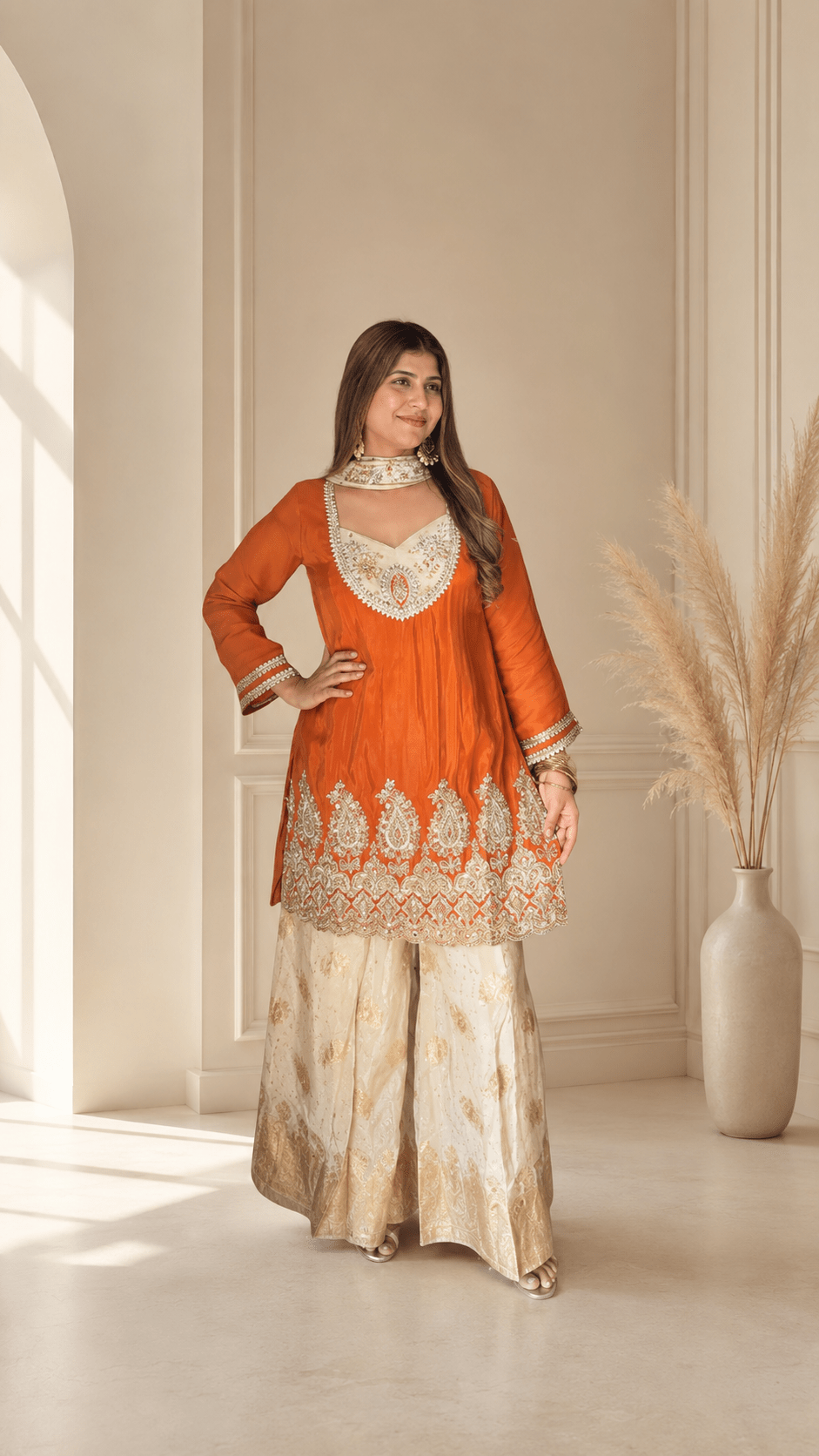 Rust Orange Embroidered Kurta Sharara Set - Vibes and Petals