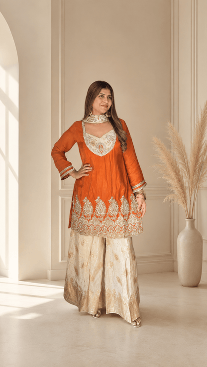 Rust Orange Embroidered Kurta Sharara Set - Vibes and Petals