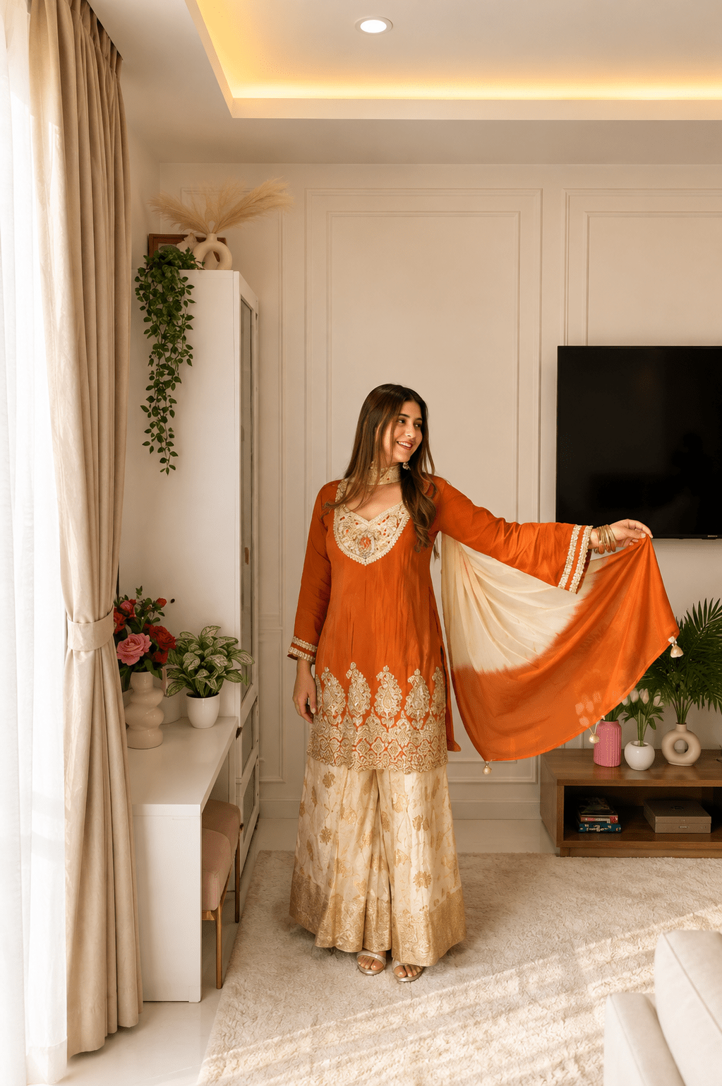 Rust Orange Embroidered Kurta Sharara Set - Vibes and Petals