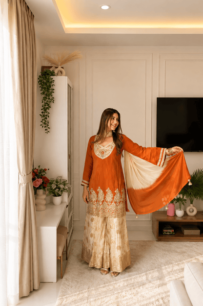 Rust Orange Embroidered Kurta Sharara Set - Vibes and Petals