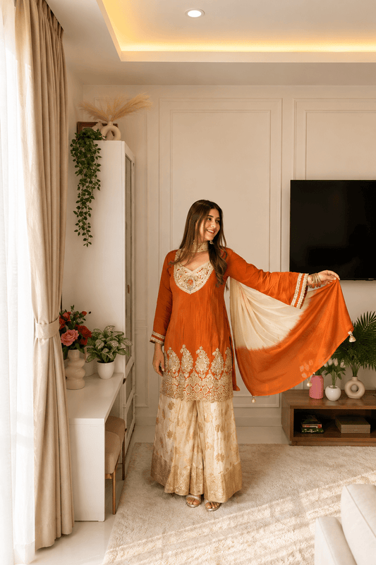 Rust Orange Embroidered Kurta Sharara Set - Vibes and Petals